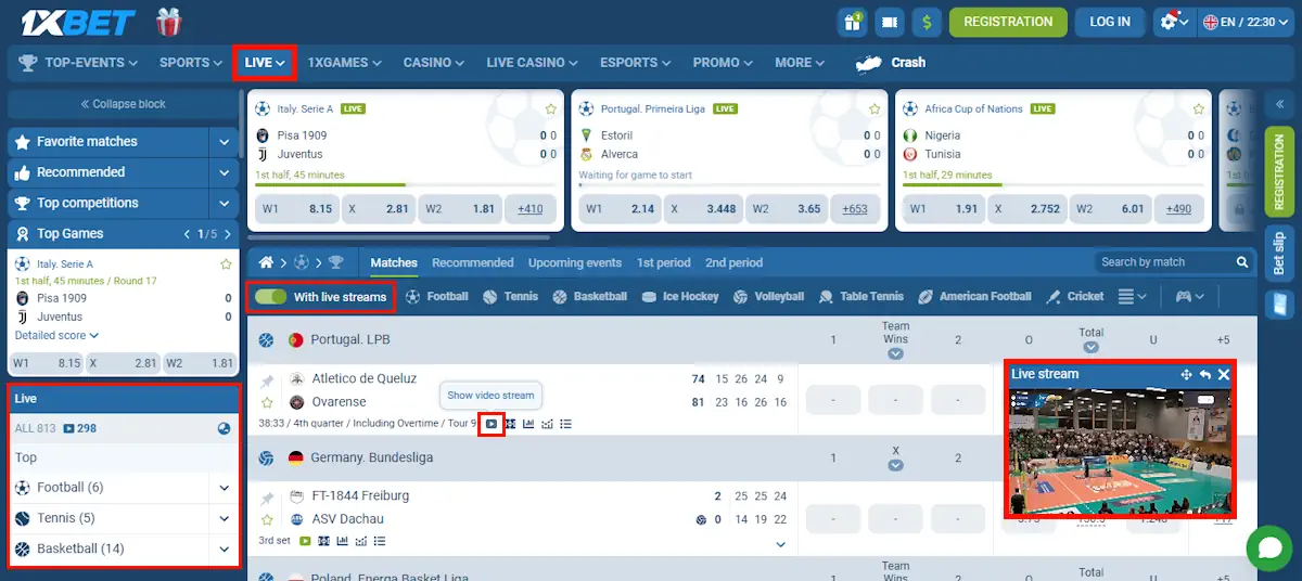 1xBet Live betting and streaming features Screenshot